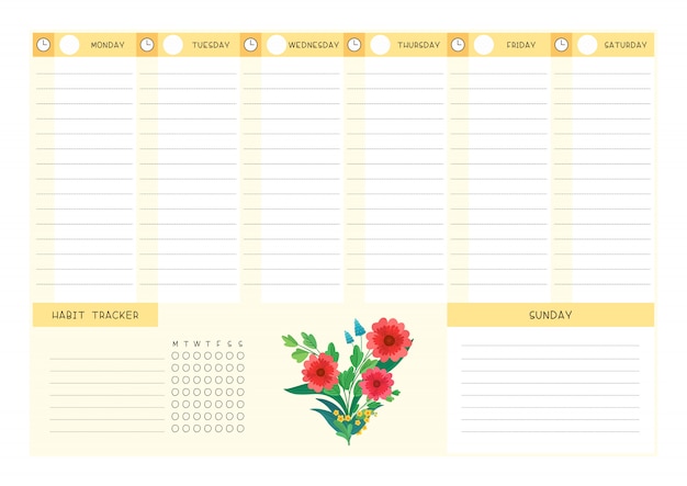 Flache Vorlage Fur Wochenplan Und Habit Tracker Wildblumen Kalenderdesign Mit Blumenbluten Und Blutenblattern Premium Vektor