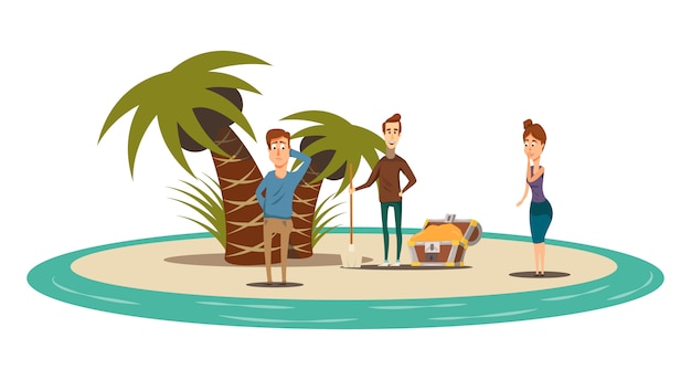 Flache zusammensetzung der glücklichen situationen der kreisinsellandschaft mit palmenschatzkasten und drei menschlichen charakteren vector illustration Kostenlosen Vektoren