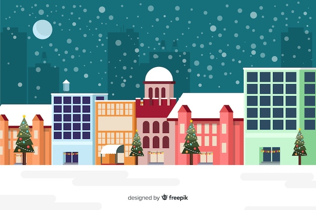 Flacher weihnachtshintergrund mit den gebäuden bereit zu weihnachten Kostenlosen Vektoren