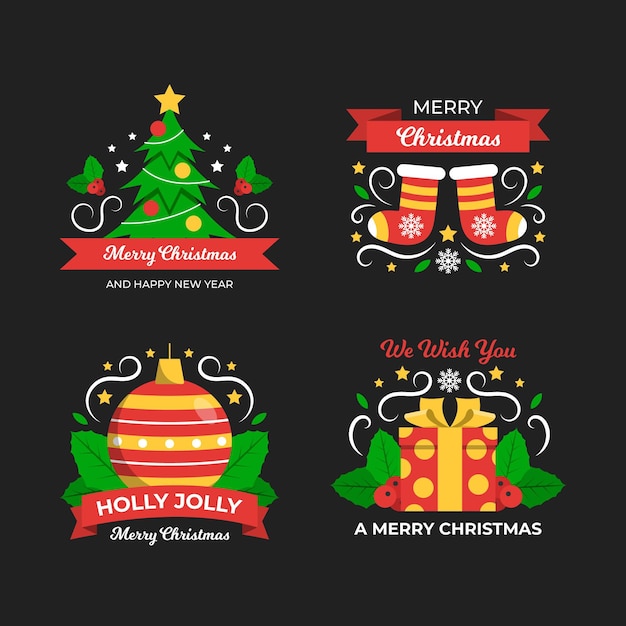 Flaches design frohe weihnachten label set | Kostenlose Vektor