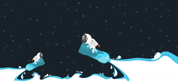 Flaches design, genießender astronaut während fahrt auf wasserflaschenplastik mit wasserkraftspritzen im konzept der erneuerbaren energie Premium Vektoren