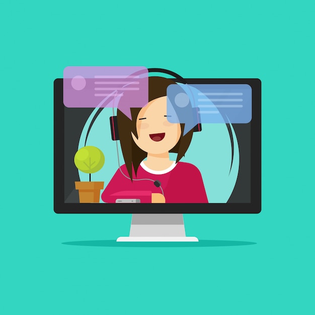 Flaches karikaturmädchen im kopfhörer online plaudernd oder auf webinar auf flacher karikatur des internet-vektors sprechend Premium Vektoren