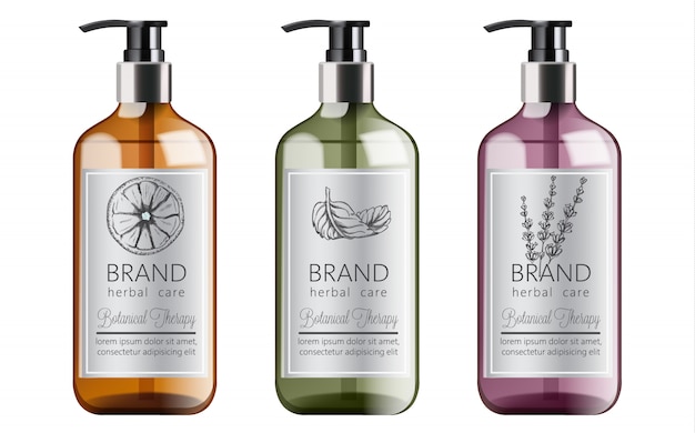 Flaschen Bio Shampoo Mit Krauterpflege Verschiedene Pflanzen Und Farben Minze Orange Und Lavendel Kostenlose Vektor