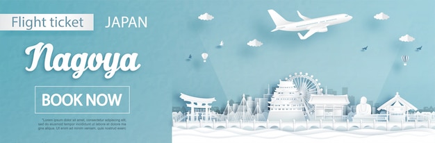Flug- und kartenwerbungsschablone mit reisekonzept nach nagoya, japan und zu den berühmten marksteinen Premium Vektoren