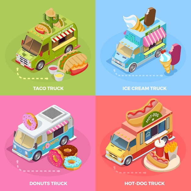 Download Food truck 4 isometrische symbole platz | Kostenlose Vektor