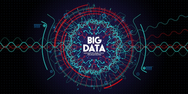 Fortschrittliche big data-technologie und visualisierung mit fractal-element mit linien- und punktarray bei dunkelheit Premium Vektoren