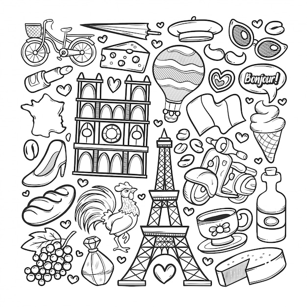 Frankreich hand gezeichnete doodle coloring | Premium-Vektor