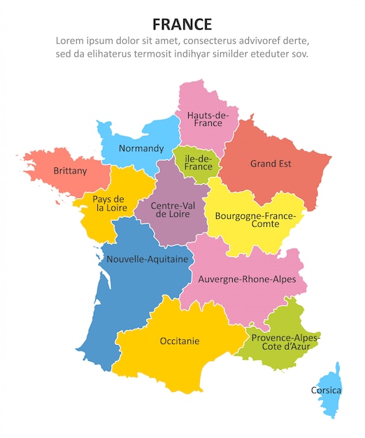 Frankreich mehrfarbige karte mit regionen. | Premium-Vektor