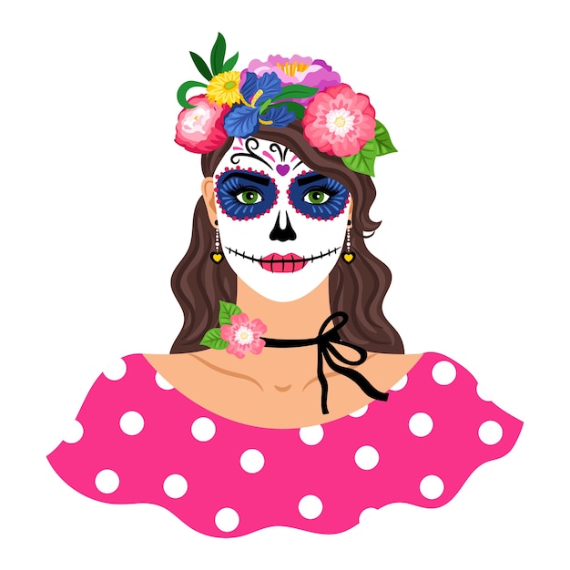 Frau Mit Zuckerschadel Bilden Illustration Madchen Mit Blumenkranz Lokalisiert Auf Weiss Dia De Los Muertos Feiertagskarneval Weibliche Figur Mit Mexikanischem Catrina Make Up Premium Vektor