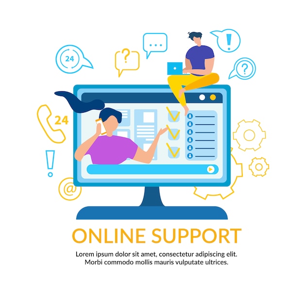 Frau rufen sie den online-support an. mann operator mit notebook Premium Vektoren