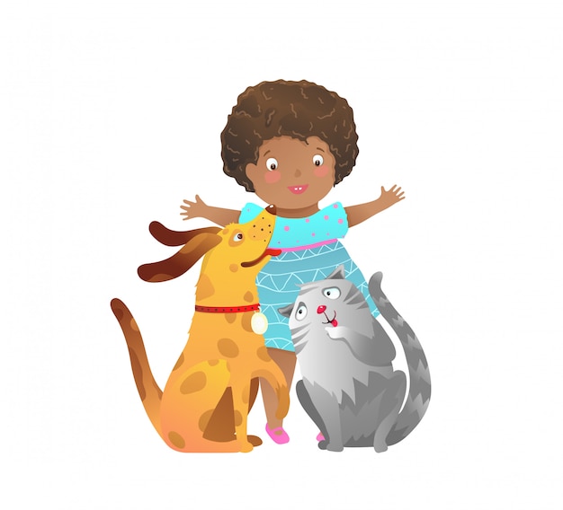 Freunde Fur Immer Ein Madchen Und Ein Hundchen Und Katze Kind Clipart Cartoon Premium Vektor