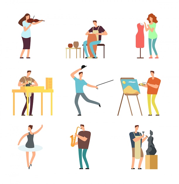 Fröhliche menschen mit kunst und musik. karikaturkünstler und musiker vector lokalisierte charaktere in den kreativen künstlerischen hobbys Premium Vektoren