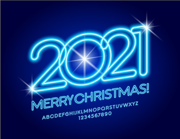 Frohe weihnachten 2021 grußkarte. neonblaue schrift. leuchtende