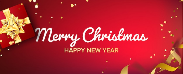 Frohe weihnachten banner vektor. geschenkbox mit goldbogen. roter horizontaler hintergrund Premium Vektoren