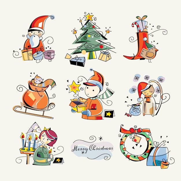 Frohe weihnachten clip art sticker illustrationen  Premium-Vektor