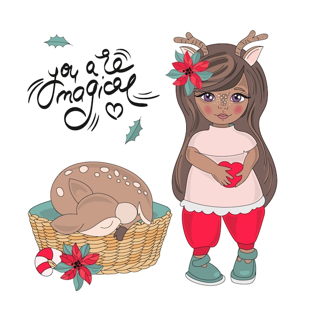 Frohe weihnachten farbe vector illustration set neujahr hirsch Premium Vektoren