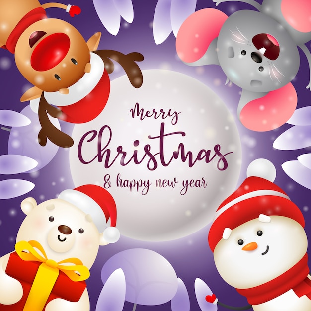 Frohe Weihnachten Grusskarte Mit Maus Eisbar Und Schneemann Kostenlose Vektor