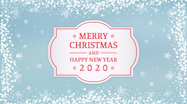 Frohe weihnachten und happy new year 2020 label mit schneeflocken auf