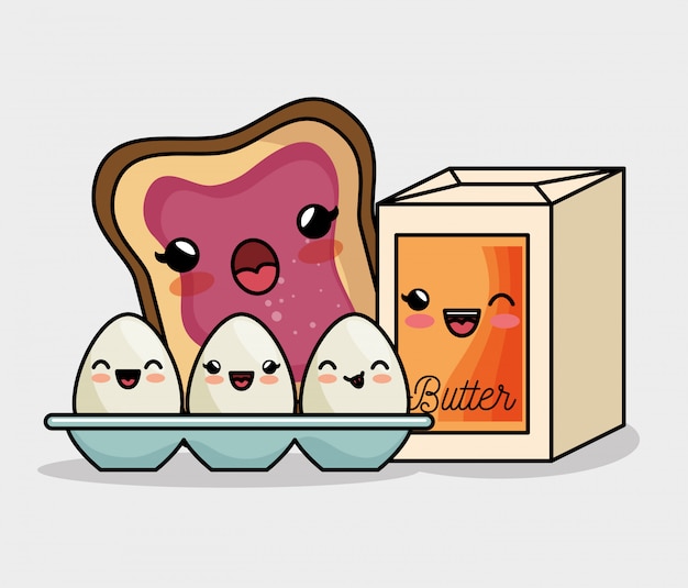 Fruhstuck Kawaii Eier Butter Und Brot Marmelade Kostenlose Vektor