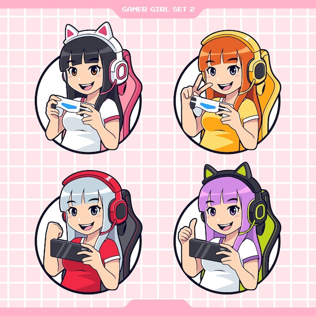 gamer girl esport maskottchen logo set  premiumvektor