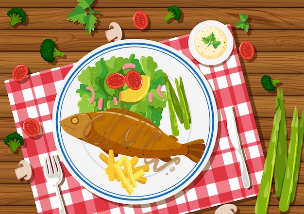 Gegrillter Fisch Und Salat Auf Dem Teller Premium Vektor