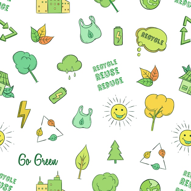 Gehen sie grün oder ökologie symbole in nahtlose muster mit farbigen doodle-stil Premium Vektoren