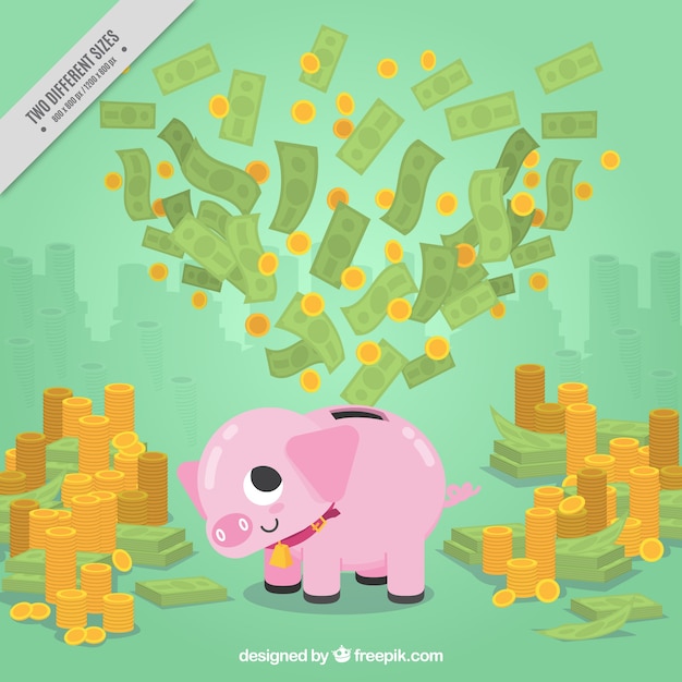 Geld hintergrund mit sparschwein und berge von münzen und banknoten Kostenlosen Vektoren