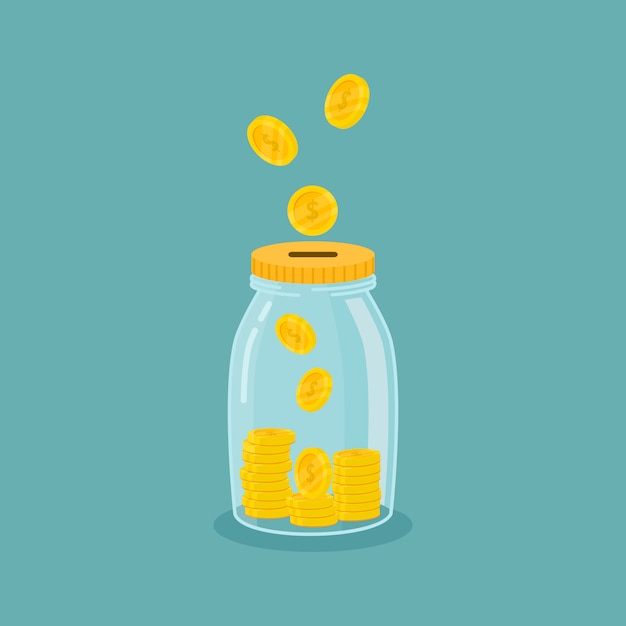 Geldglas. geld sparen. speichern sie ihr geldkonzept, das auf blauem hintergrund lokalisiert wird. Premium Vektoren