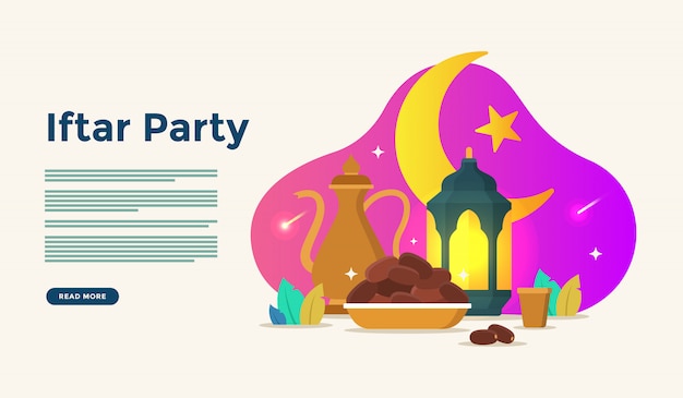 Gemeinsames essen nach dem fasten fest iftar party. moslemisches familienabendessen auf ramadan kareem oder eid, die mit leutecharakterkonzept für netzlandungsseitenschablone feiern Premium Vektoren