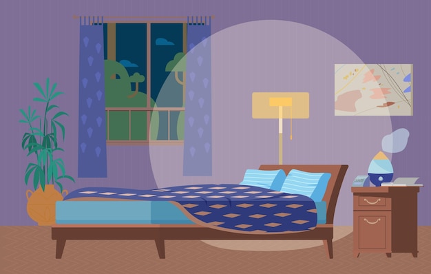 Gemutliches Schlafzimmer Bei Nacht Innenwohnung Illustration Holzmobel Bett Stehlampe Fenster Nachttisch Mit Luftbefeuchter Uhr Pflanzen Premium Vektor