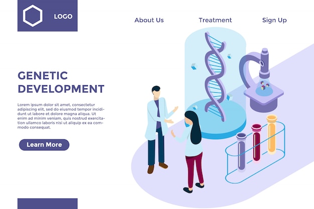 Genforschung mit dna-helix im isometrischen illustrationsstil, biotechnologieentwicklung Premium Vektoren