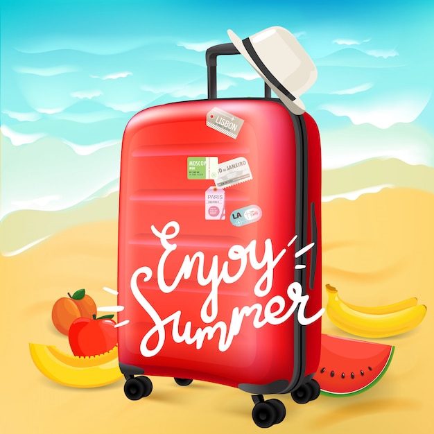 Genießen sie sommerreisekonzept mit kalligraphischem logo Premium Vektoren
