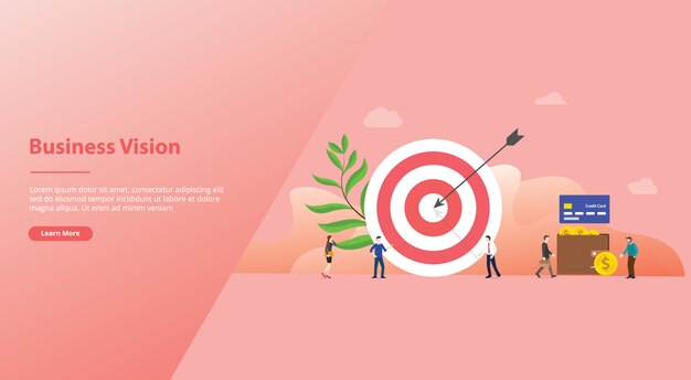 Geschäfts- oder leuteziel mit großem pfeil und einigen leuten, die herum für websiteschablone oder landungshomepage mit moderner flacher art gehen Premium Vektoren