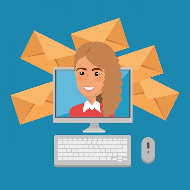 Geschäftsfrau mit e-mail-marketing-ikonen Kostenlosen Vektoren