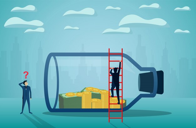 Geschäftsmann, der das geld in einer glasflasche schauend steht Premium Vektoren