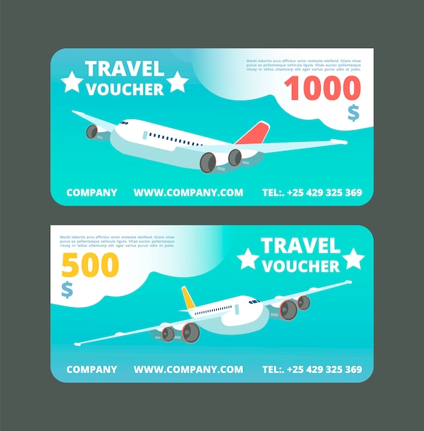 Geschenk Reisegutschein Travel Promo Card Karte Mit Fliegenflugzeug Im Himmelvektorsatz Premium Vektor