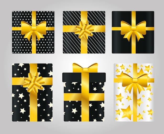 Geschenke Mit Bowties Set Design Box Geschenk Urlaub Weihnachten Shopping Geburtstagsfeier Dekoration Und Uberraschung Premium Vektor