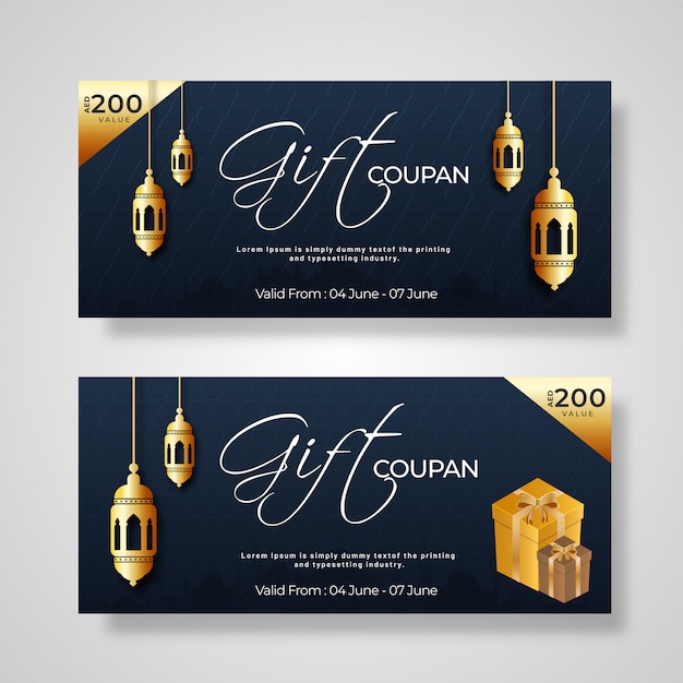 Geschenkgutschein oder gutschein layout sammlung mit geschenkboxen, lanter Premium Vektoren