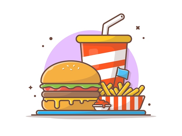 Geschmackvoller kombinierter kindermahlzeit-menü-käse-burger mit pommes-frites und soda-ikonen-illustration Premium Vektoren