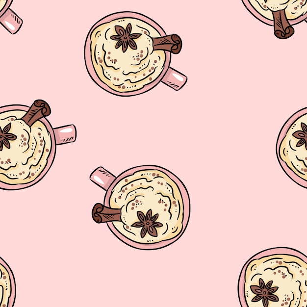 Geschmackvolles kaffeegetränk mit nahtlosem muster der netten karikatur des zimts und der schlagsahne. Premium Vektoren