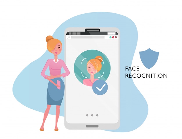 Gesicht Id Konzept Frau Mit Handy Weibliches Gesicht Auf Grossem Smartphoneschirm Personlichkeitserkennung In Der Mobilen App Modernes Mobiltelefon Mit Sicherheitssystem Flache Cartoon Vektor Illustration Premium Vektor