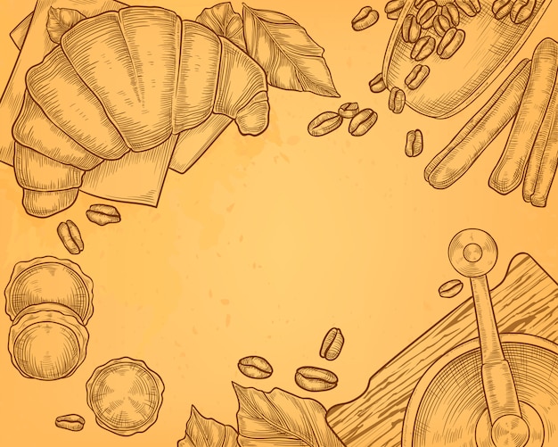 Gezeichnete illustration der weinlese hand der kaffeemühle mit hörnchen, frühstückskonzept. Kostenlosen Vektoren