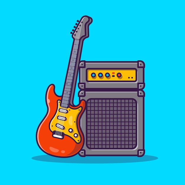 Gitarre Und Soundsystem Cartoon Icon Illustration Musikausrustung Symbol Konzept Kostenlose Vektor