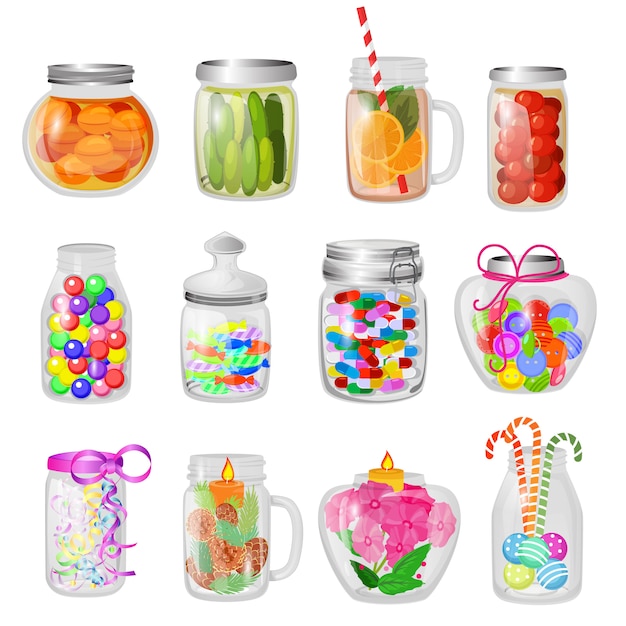 Glasgefäßvektormarmelade oder süßes gelee in den maurerglaswaren mit deckel oder abdeckung für das einmachen und das konservieren des illustrationsglasvollsatzes schröpfglases mit der erhaltung lokalisiert. Premium Vektoren