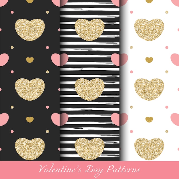 Glittery goldene nahtlose muster des valentinstags Premium Vektoren