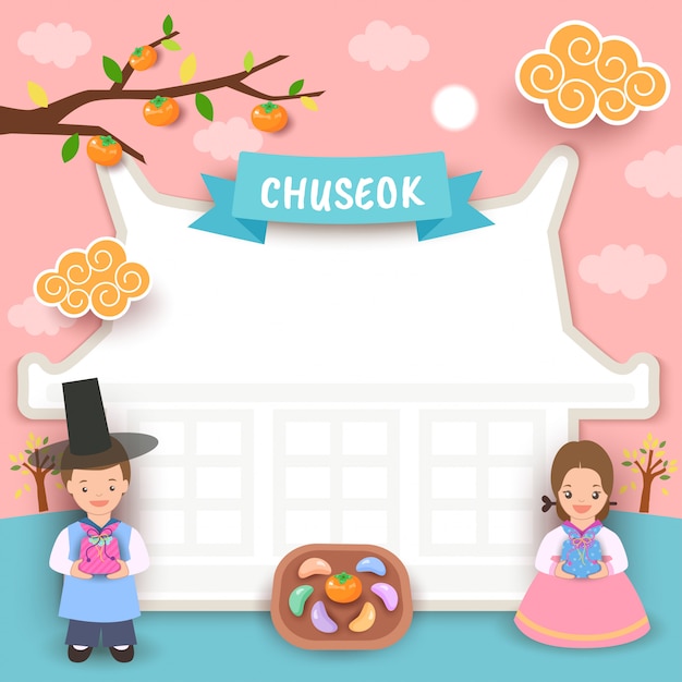 Glückliche chuseok hausrahmen-jungenmädchen-grußkarte Premium Vektoren