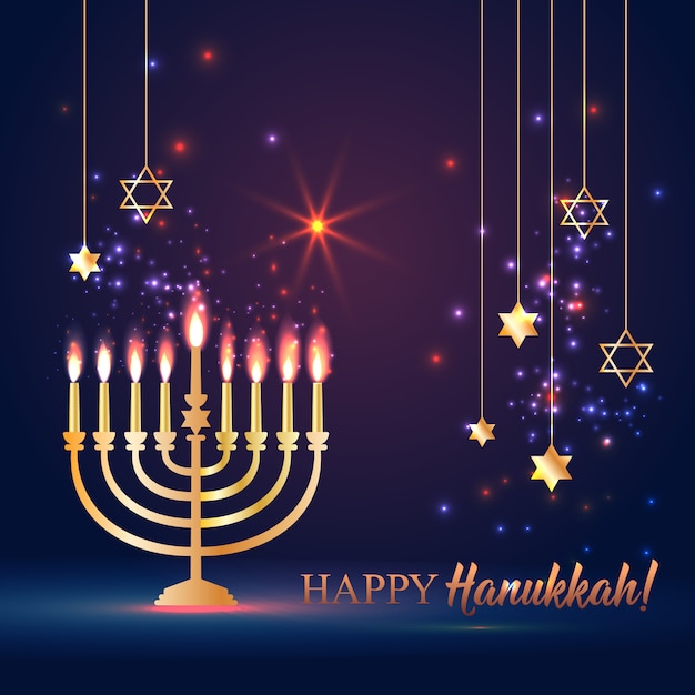 Glücklicher chanukka-glänzender hintergrund mit menorah, david star und bokeh effect. Premium Vektoren