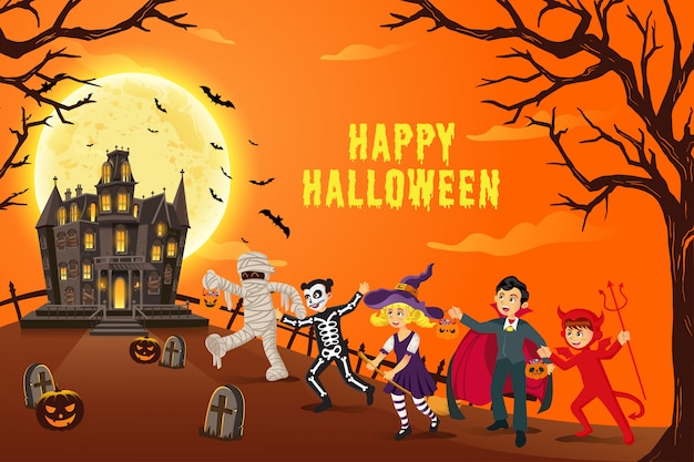 Glücklicher halloween-hintergrund. kinder in halloween-kostümen für 