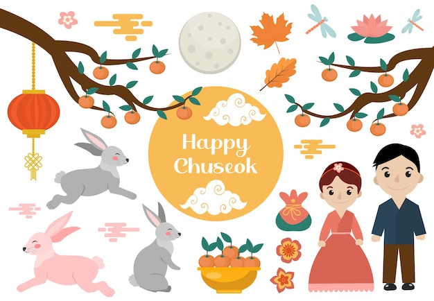 Gluckliches Chuseok Set Von Objekten Mitte Herbst Festival Sammlung Von Designelementen Mit Persimone Kaninchen Mond Koreanisches Erntedank Und Erntedankfest Vektor Illustration Clipart Premium Vektor