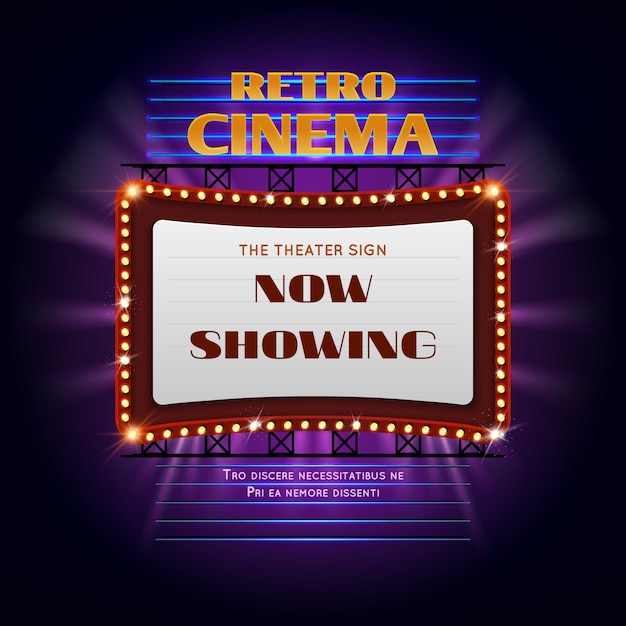Glühendes helles zeichen des retro hollywood-kinos 3d. anzeigen-anschlagtafel-vektorillustration des filmlichtes. retro kino billboard event Premium Vektoren
